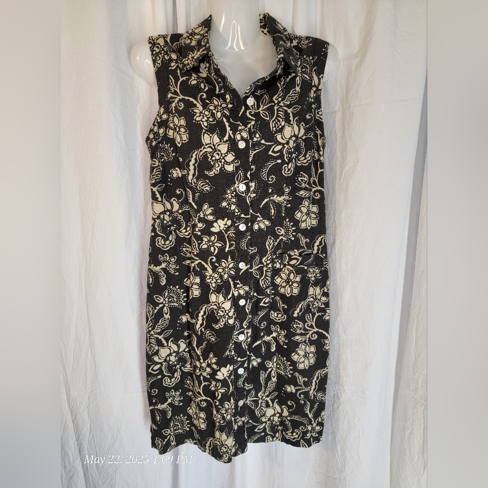 Talbots Black and Cream Linen Sleeveless Patterned Dress